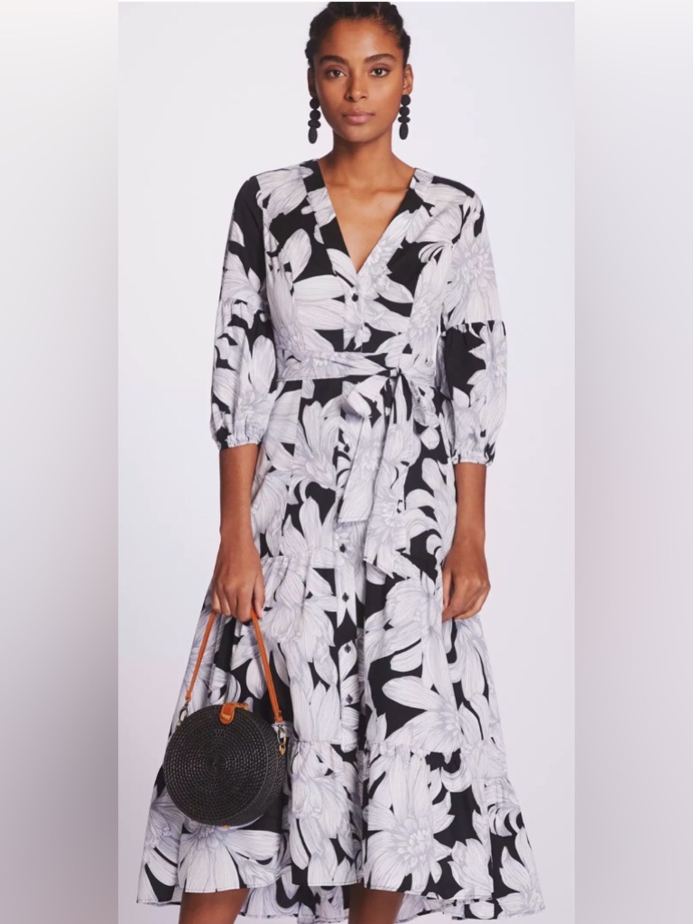 Maeve Anthropologie Floral Midi Dress Size 12 Black White Wrap Tiered NWOT Boho - Picture 3 of 16